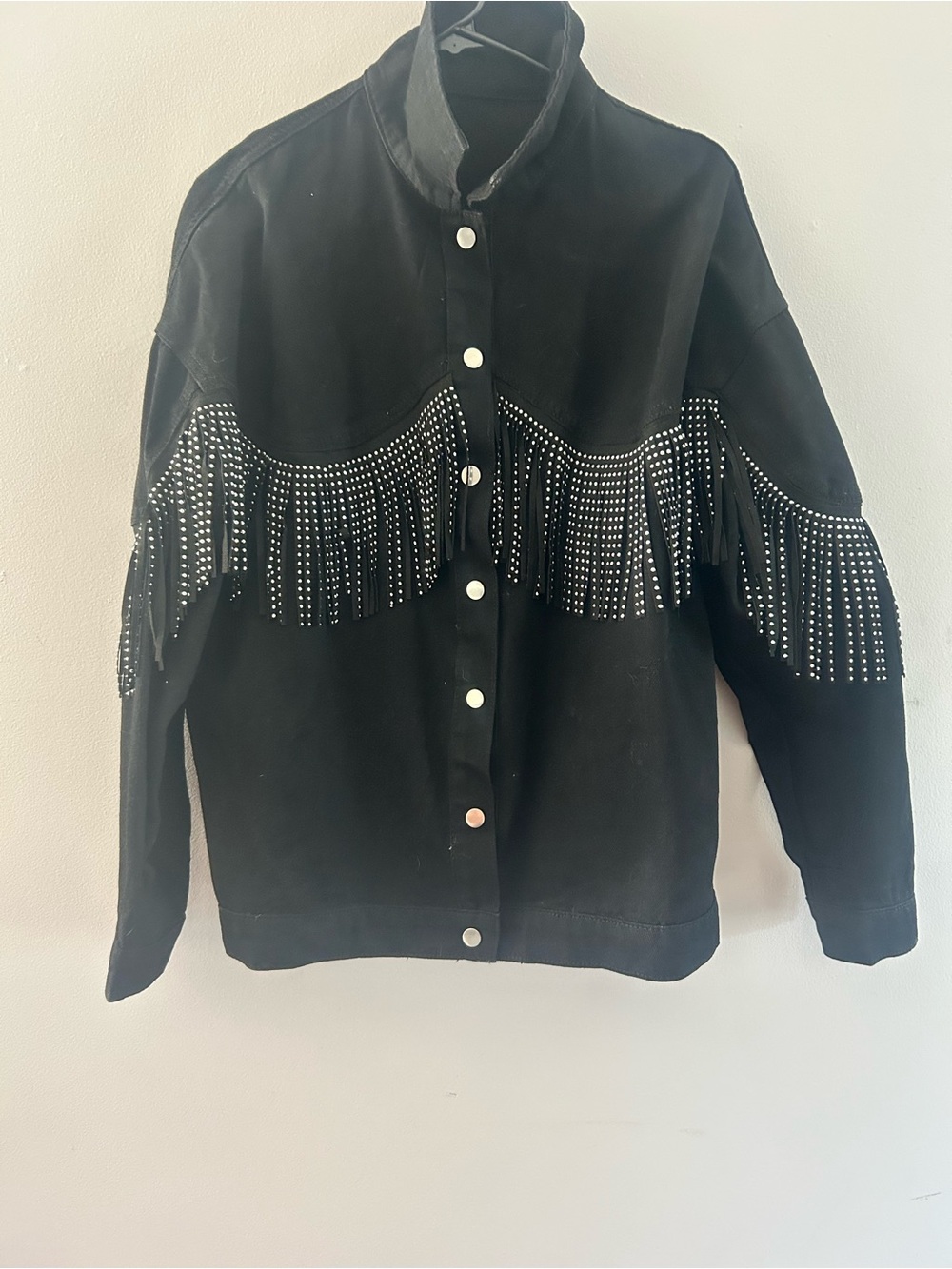 NWOT SHEIN Black Studded Fringe Snap-Front Jean Jacket